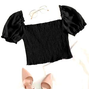 Puff Sleeve Shirred Chiffon Milkmaid Top!